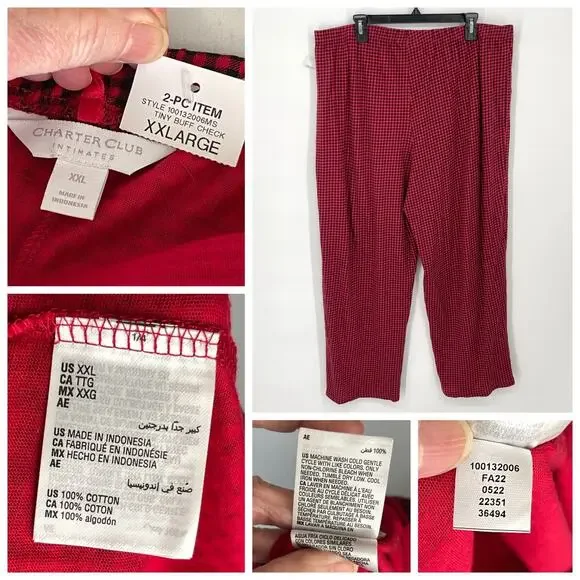 Charter Club NWT 2 Piece PJ Set Shirt & Pants Size XXL Tiny Buffalo Check - Picture 6 of 8